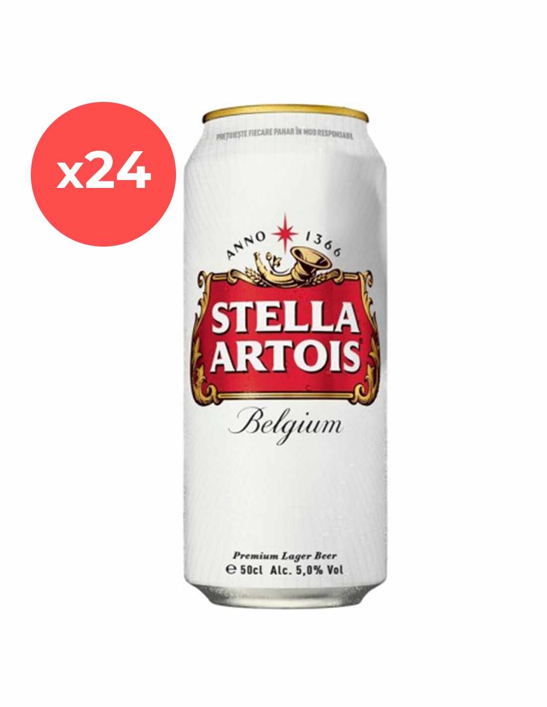 Bax 24 bucati bere blonda Stella Artois, 5% alc., 0.5L, doza, Romania