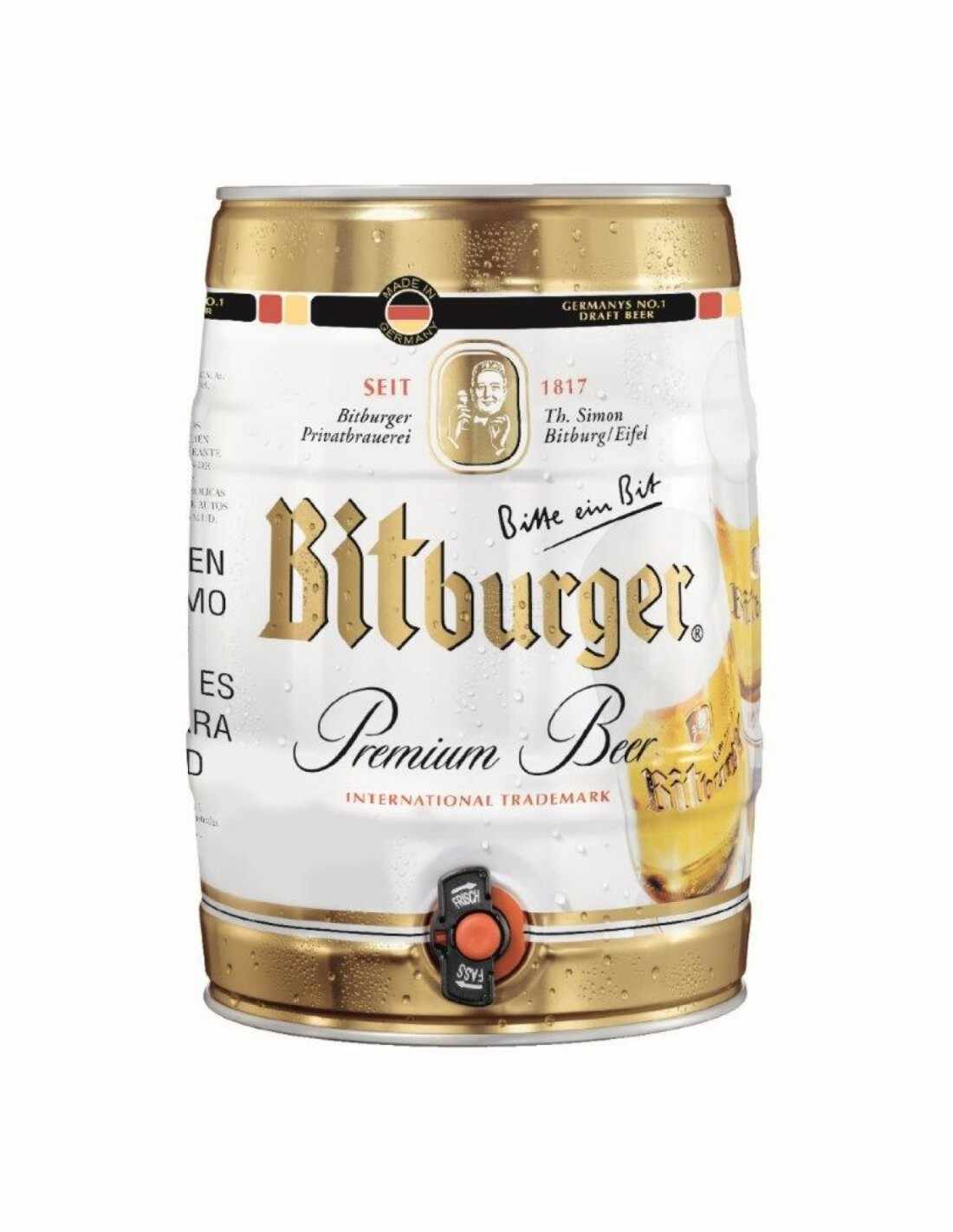 Bere blonda, filtrata Bitburger Premium Pils mini keg, 4.8% alc., 5L, Germania