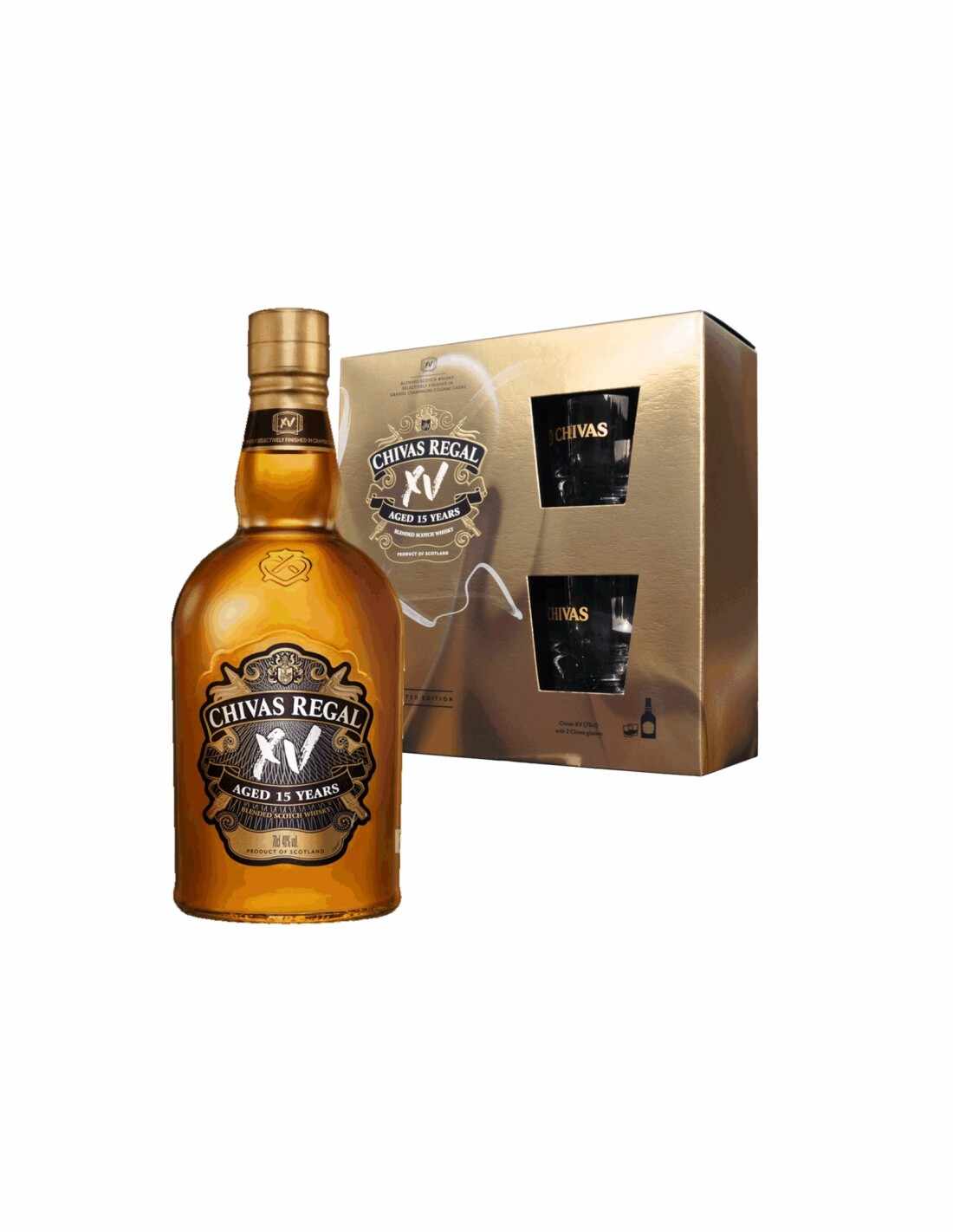 Whisky Chivas Regal + 2 Pahare 0.7L, 15 ani, 40% alc., Scotia